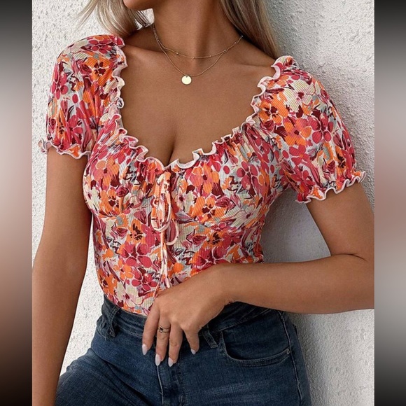 Boho floral print knot front bodysuit top - Picture 5 of 5